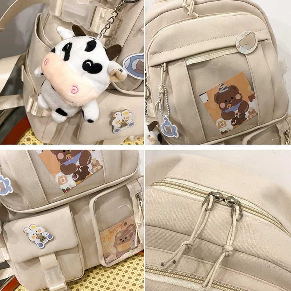 Cute Waterproof School Backpack for Girls with Accessories and Plush Pendant, Ideal for School and Travel, Beige