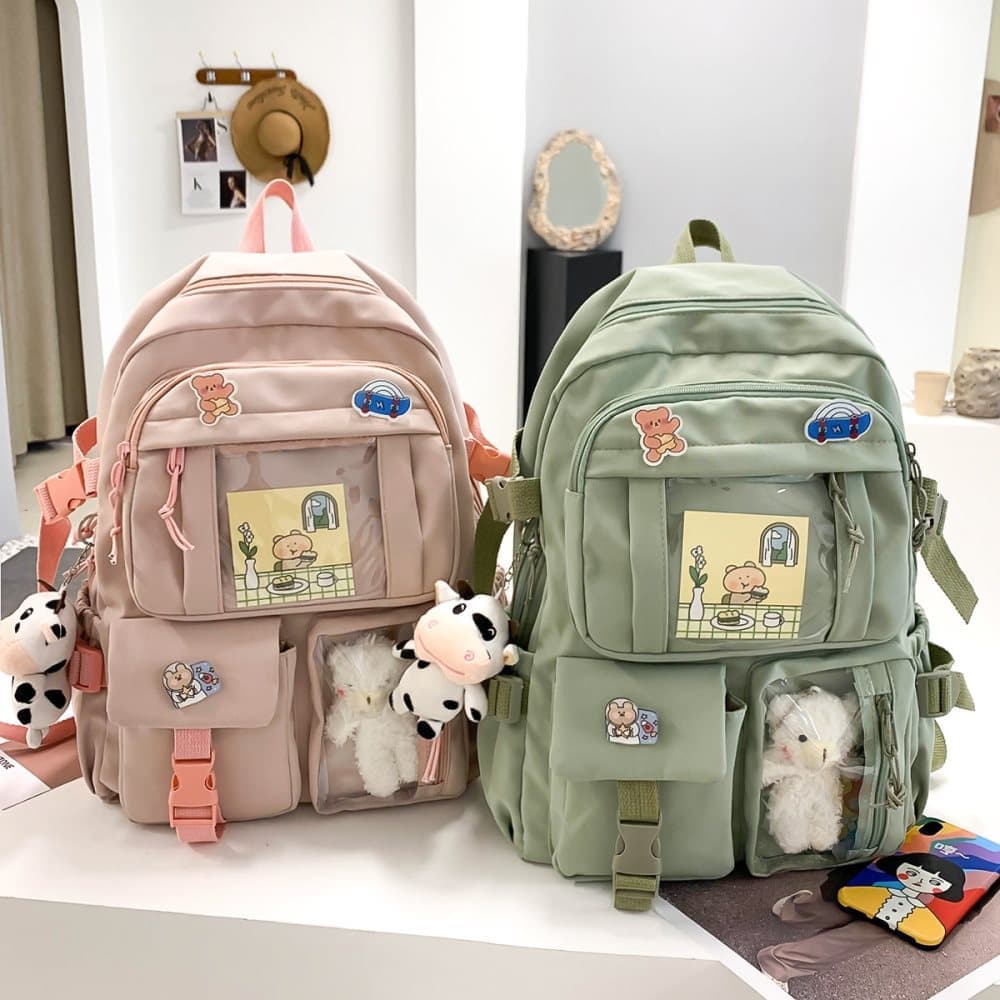 Girls Waterproof School Backpack with Accessories and Plush Pendant, Ideal for School and Travel, Pink