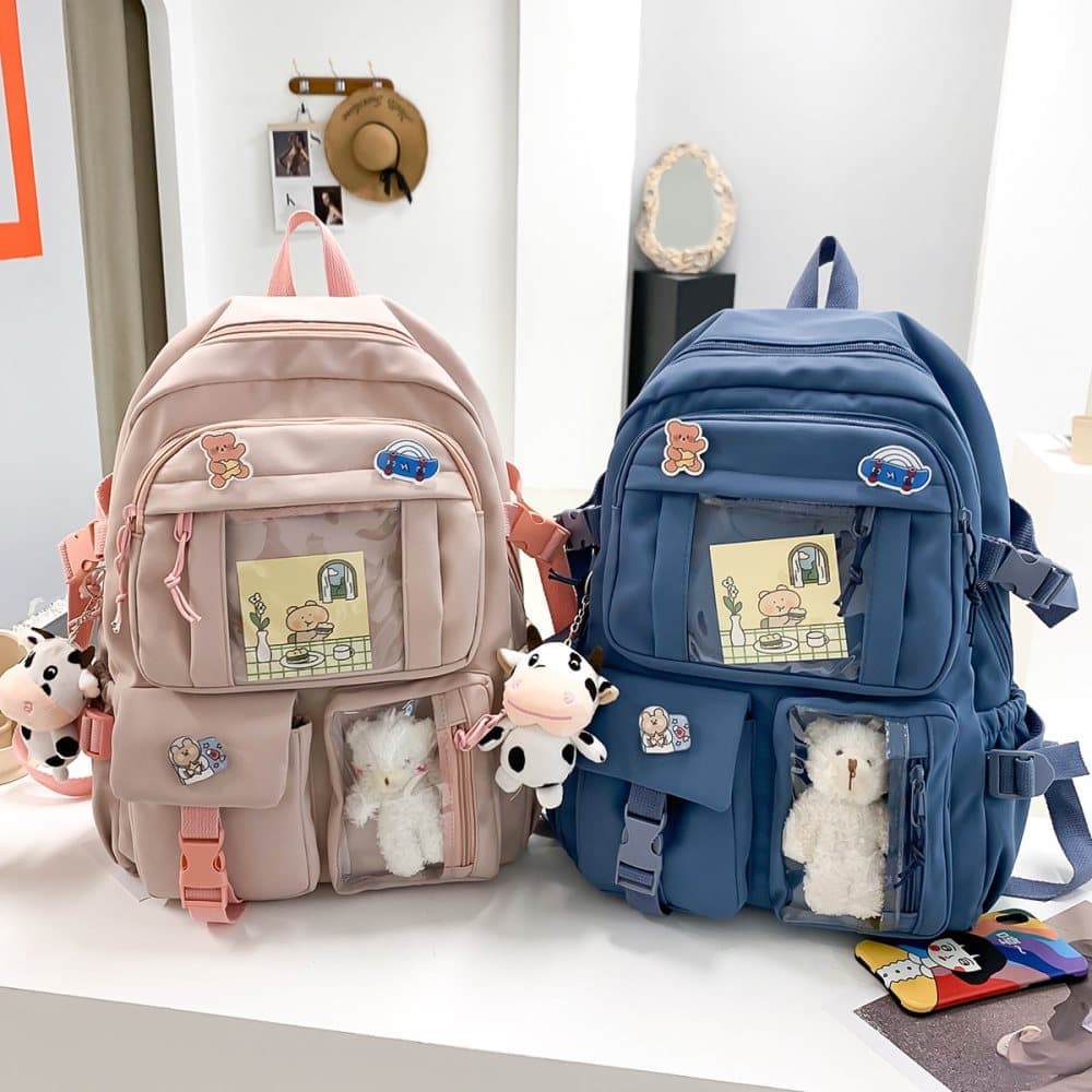 Girls Waterproof School Backpack with Accessories and Plush Pendant, Ideal for School and Travel, Pink