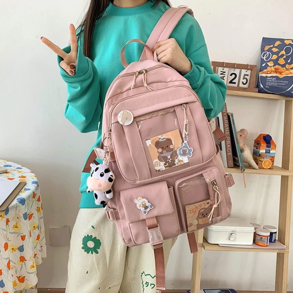 Girls Waterproof School Backpack with Accessories and Plush Pendant, Ideal for School and Travel, Pink