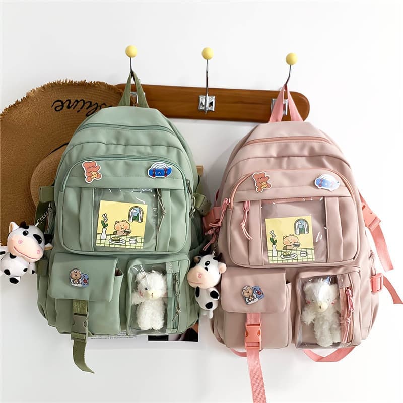 Girls Waterproof School Backpack with Accessories and Plush Pendant, Ideal for School and Travel, Pink