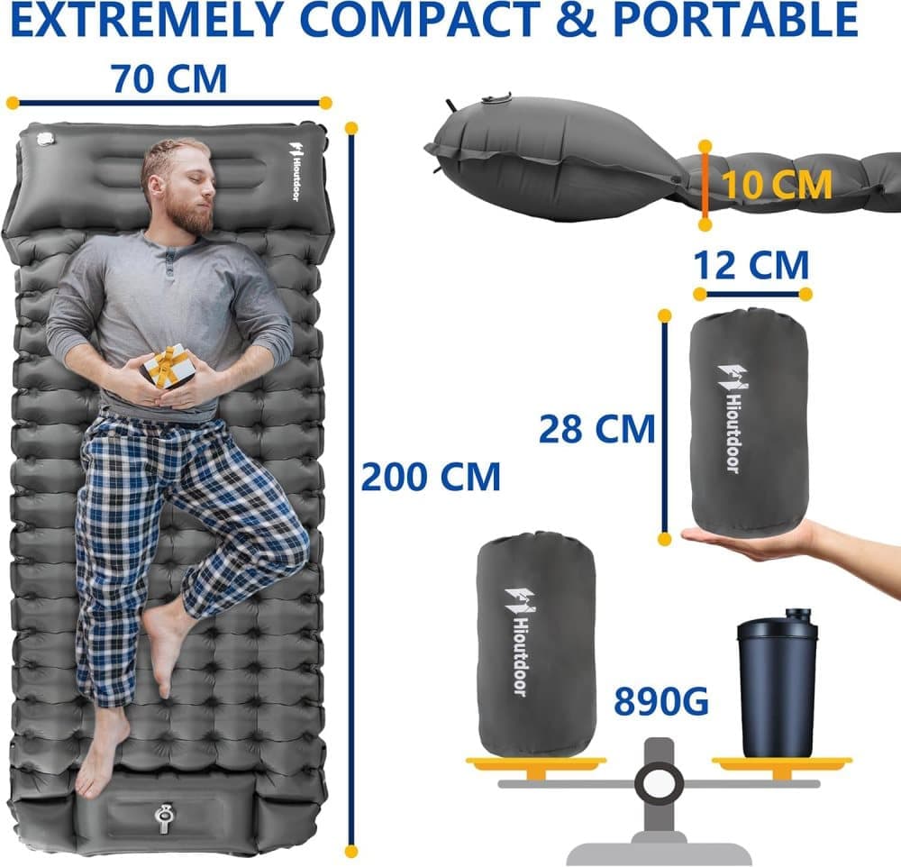 Self-inflating mattress 10cm, light blue, waterproof lightweight tear-resistant durable with foot pump for camping beach hiking