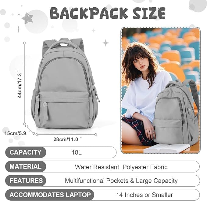 14-inch Waterproof Lightweight Laptop Backpack for School and University, Gray