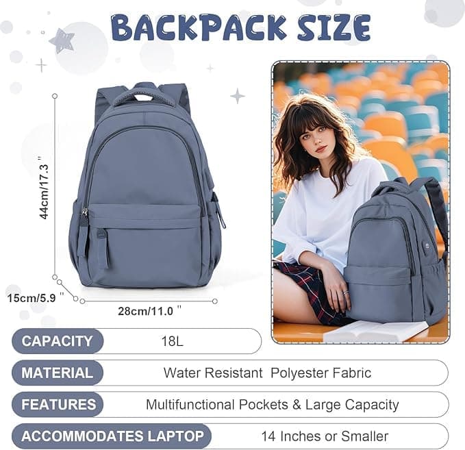 14-inch Laptop Backpack Waterproof Lightweight Daypack for School University, Dark Blue, Compatible with Girls Boys