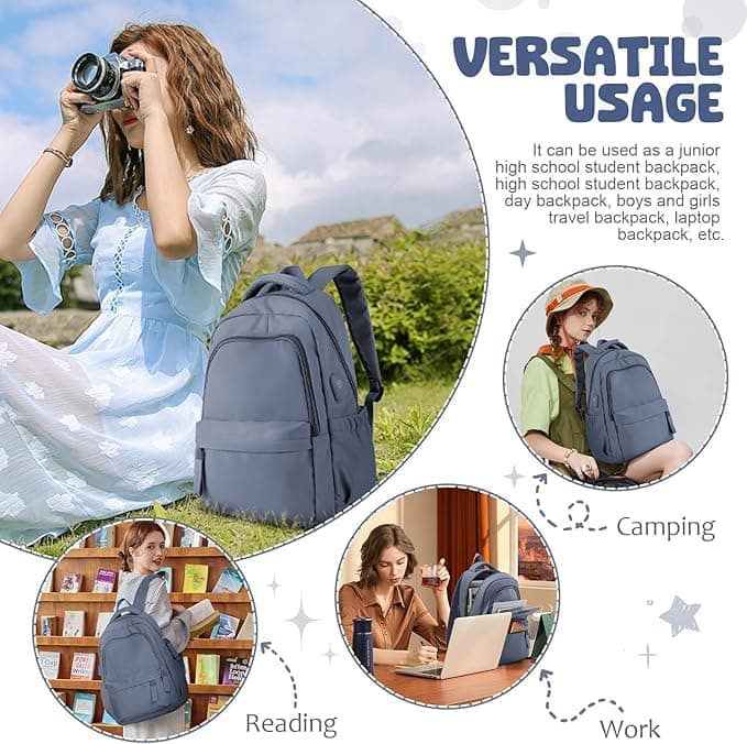 14-inch Laptop Backpack Waterproof Lightweight Daypack for School University, Dark Blue, Compatible with Girls Boys