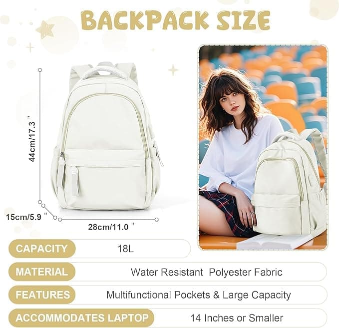 14-inch Laptop Backpack Waterproof Lightweight Daypack for School University, Compatible with Girls Boys, 14-inch, White