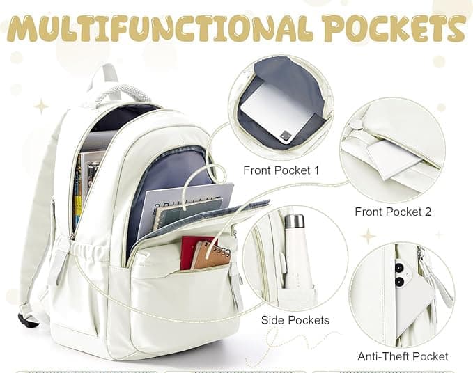 14-inch Laptop Backpack Waterproof Lightweight Daypack for School University, Compatible with Girls Boys, 14-inch, White
