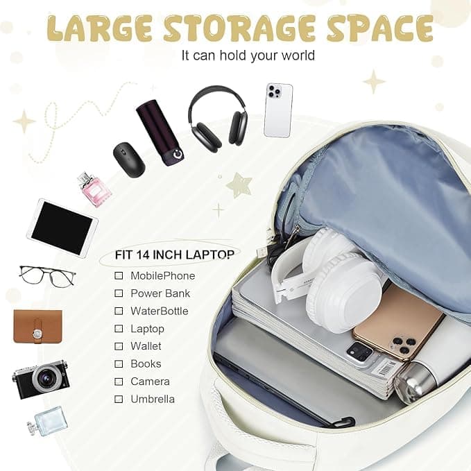 14-inch Laptop Backpack Waterproof Lightweight Daypack for School University, Compatible with Girls Boys, 14-inch, White