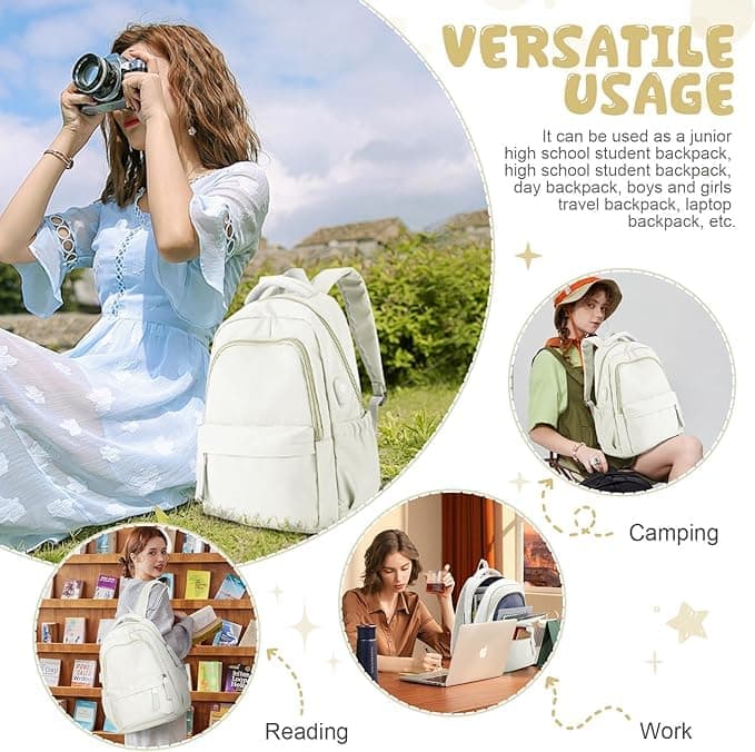 14-inch Laptop Backpack Waterproof Lightweight Daypack for School University, Compatible with Girls Boys, 14-inch, White