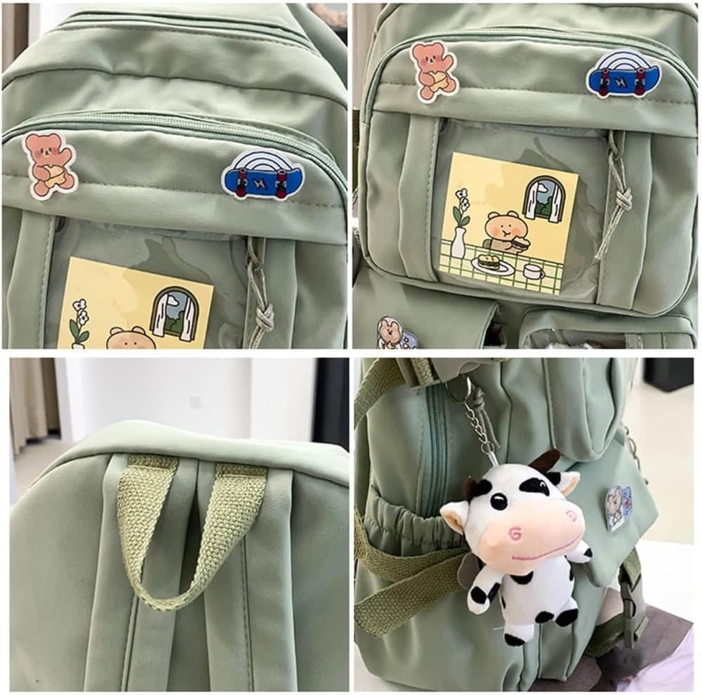 1 Children's Cute Beige Backpack with Pins and Plush Pendant, Waterproof School Travel Backpack for Girls