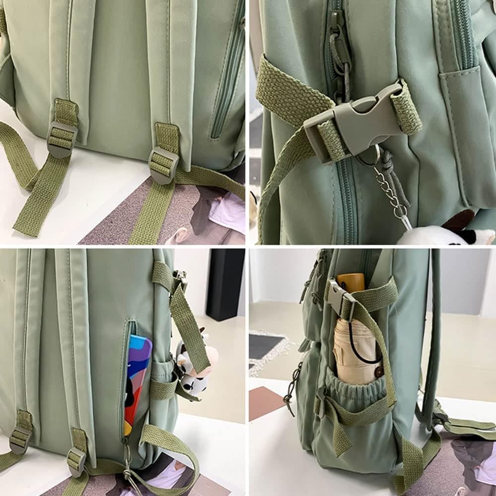 1 Children's Cute Backpack with Pins and Plush Pendant, Green, Waterproof School Backpack for Girls