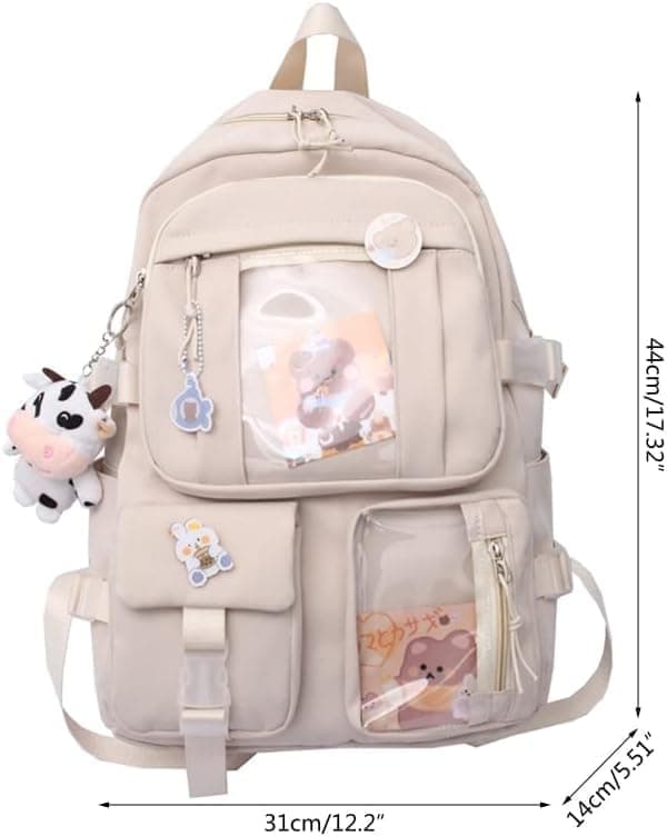 Blue Children's Backpack with Pins and Plush Pendant, Waterproof School Backpack for Girls