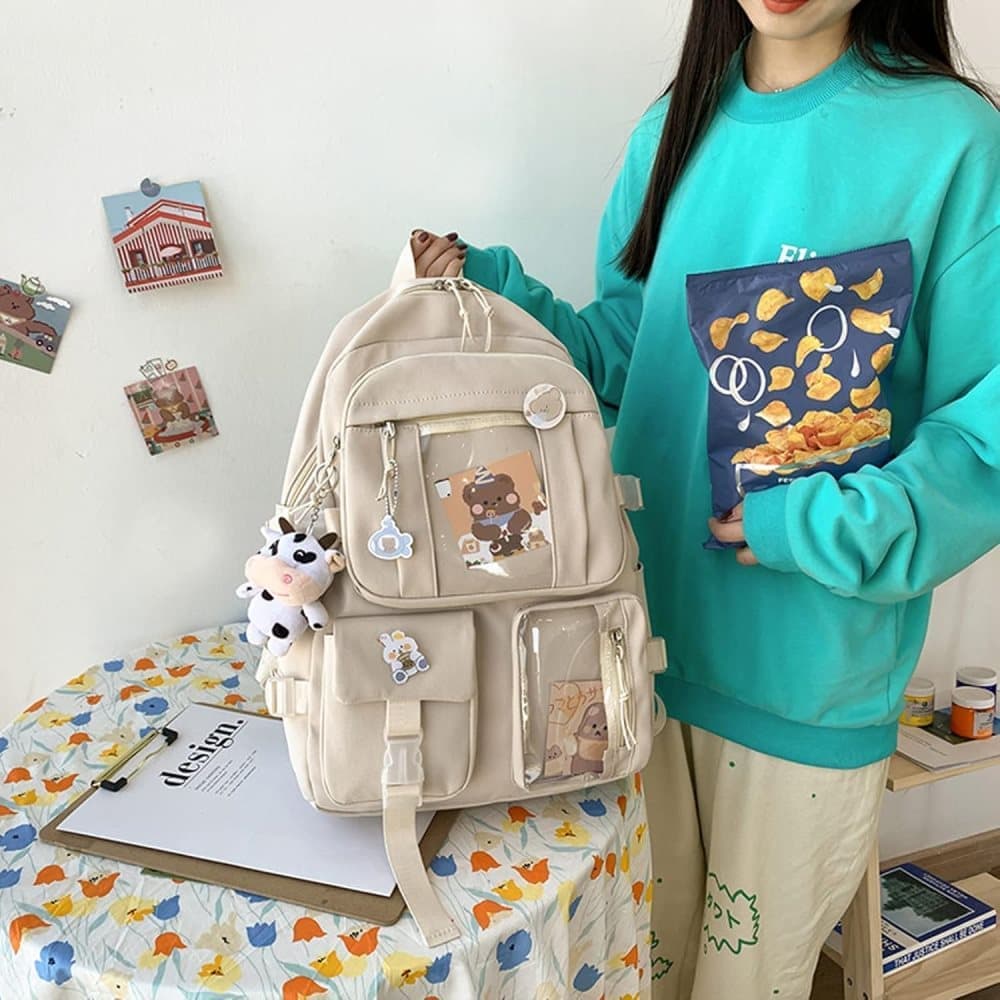 Blue Children's Backpack with Pins and Plush Pendant, Waterproof School Backpack for Girls