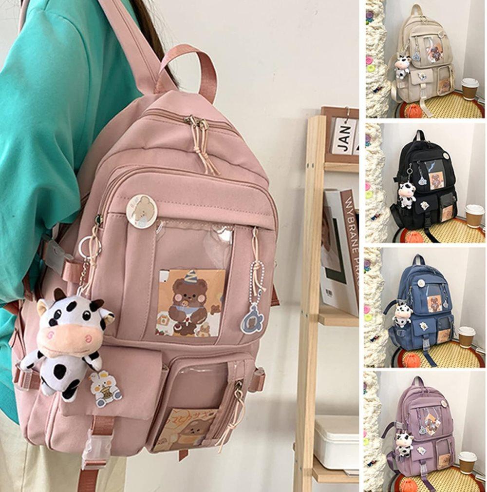 Blue Children's Backpack with Pins and Plush Pendant, Waterproof School Backpack for Girls
