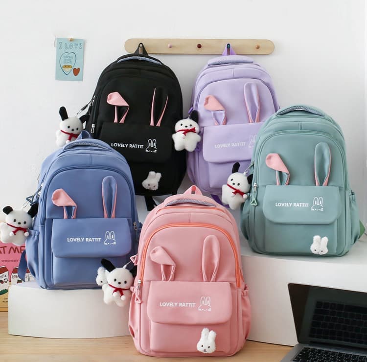 Cute Rabbit Ears School Backpack for Girls 4-Piece with Multiple Compartments Large Space, Pink, Compatible with Teenage & High School