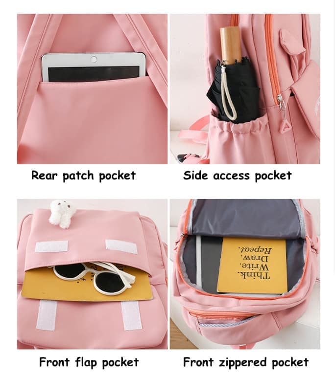 Cute Rabbit Ears School Backpack for Girls 4-Piece with Multiple Compartments Large Space, Pink, Compatible with Teenage & High School