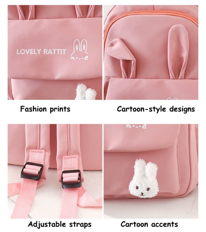 Cute Rabbit Ears School Backpack for Girls 4-Piece with Multiple Compartments Large Space, Pink, Compatible with Teenage & High School