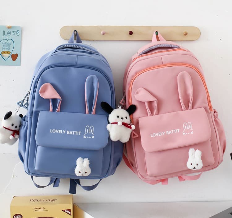 Cute Rabbit Ears School Backpack for Girls 4-Piece with Multiple Compartments Large Space, Pink, Compatible with Teenage & High School