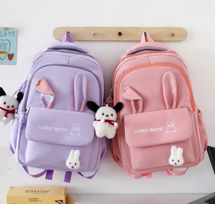 Cute Rabbit Ears School Backpack for Girls 4-Piece with Multiple Compartments Large Space, Pink, Compatible with Teenage & High School