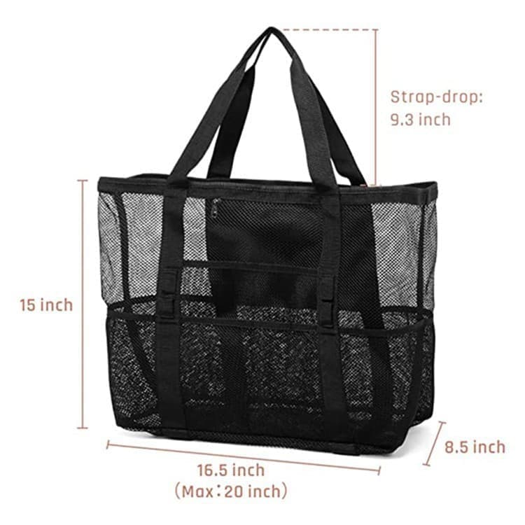 6 Pockets Mesh Beach Bag, Foldable Picnic Bag for Family, Compatible with Oral-B, Large, Black