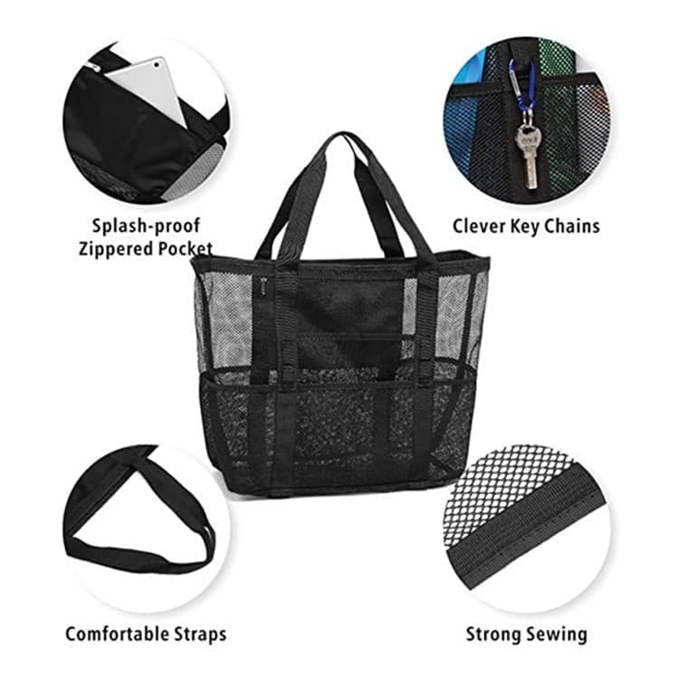 6 Pockets Mesh Beach Bag, Foldable Picnic Bag for Family, Compatible with Oral-B, Large, Black