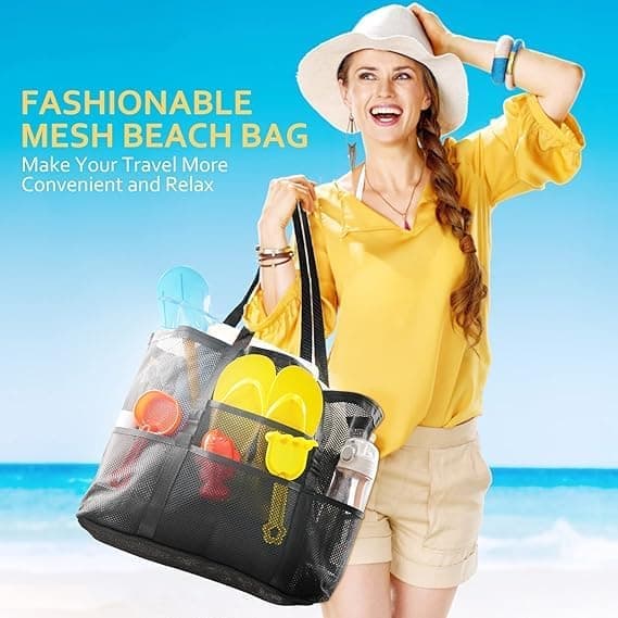 6 Pockets Mesh Beach Bag, Foldable Picnic Bag for Family, Compatible with Oral-B, Large, Black