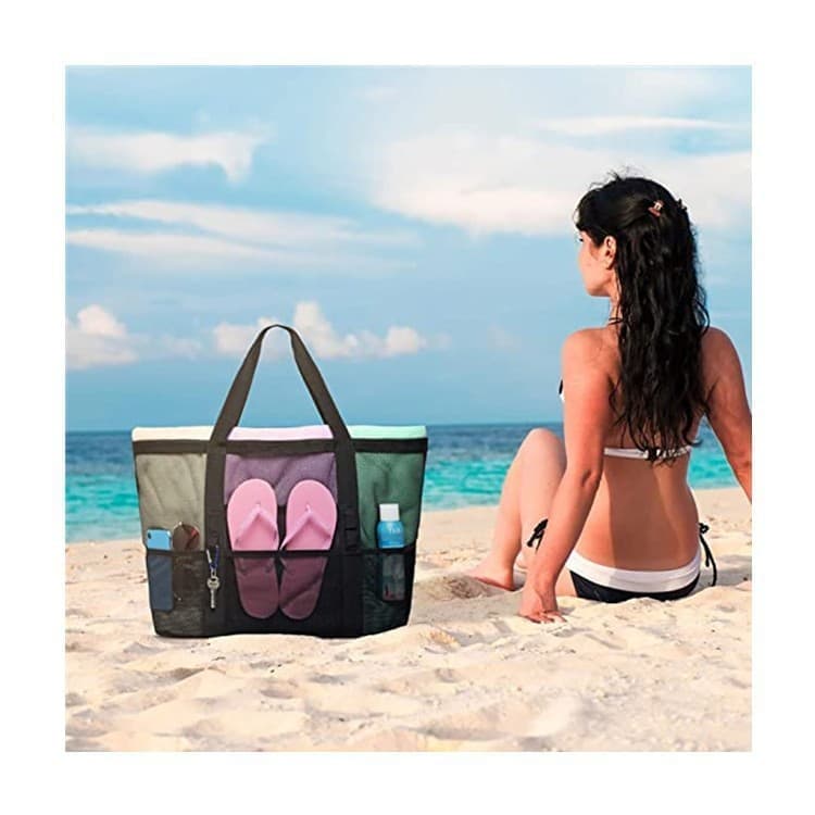 6 Pockets Foldable Mesh Beach Bag for Family Picnic, One Size, Blue