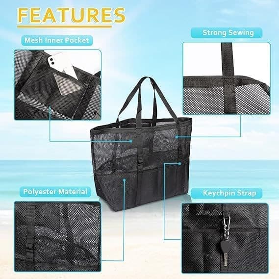 6 Pockets Foldable Mesh Beach Bag for Family Picnic, One Size, Blue