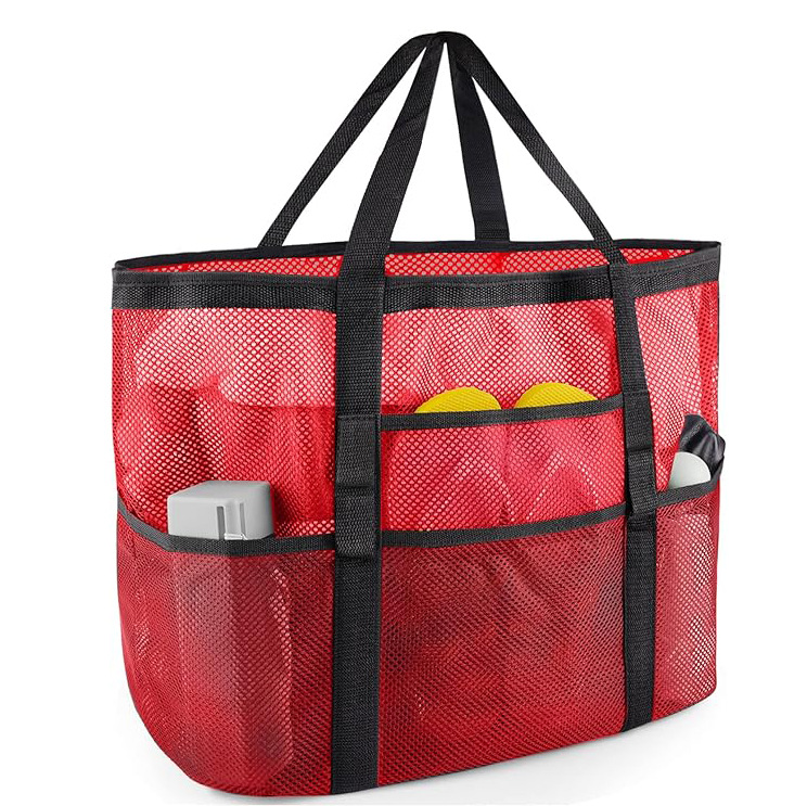 6-Pocket Foldable Mesh Beach Bag for Family Picnic, One Size, Red