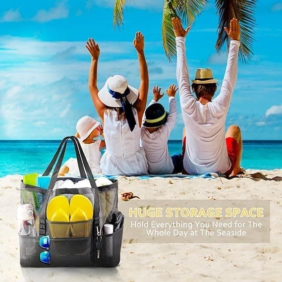 6-Pocket Foldable Mesh Beach Bag for Family Picnic, One Size, Red