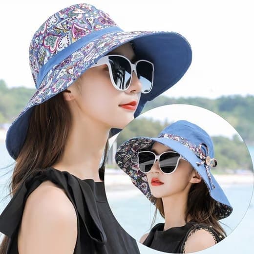 Women's Sun Hat UV Protection Wide Brim Beach Hat Foldable Visor, Double Sided Blue