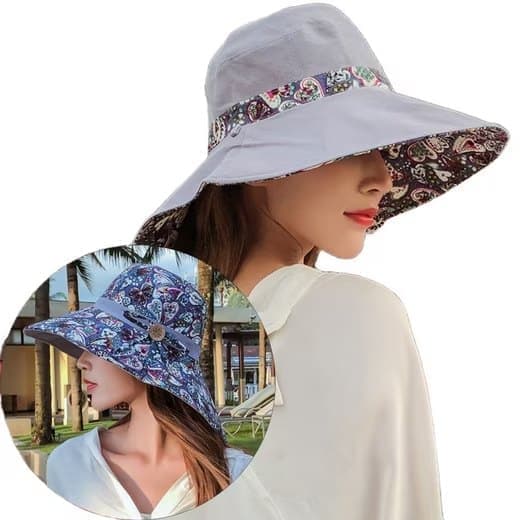 UV Protection Women's Sun Hat Wide Brim Beach Hat Foldable Visor Double-sided Design, Gray