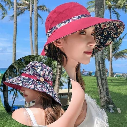 Women's Sun Hat UV Protection Wide Brim Beach Hat Foldable Visor, Red
