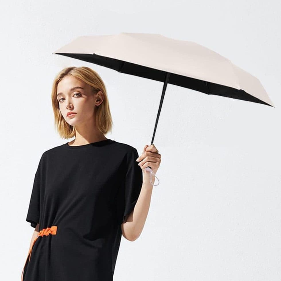 6-Fold Compact UV Protection Umbrella for Sun and Rain, Ultralight with Storage Box, Beige