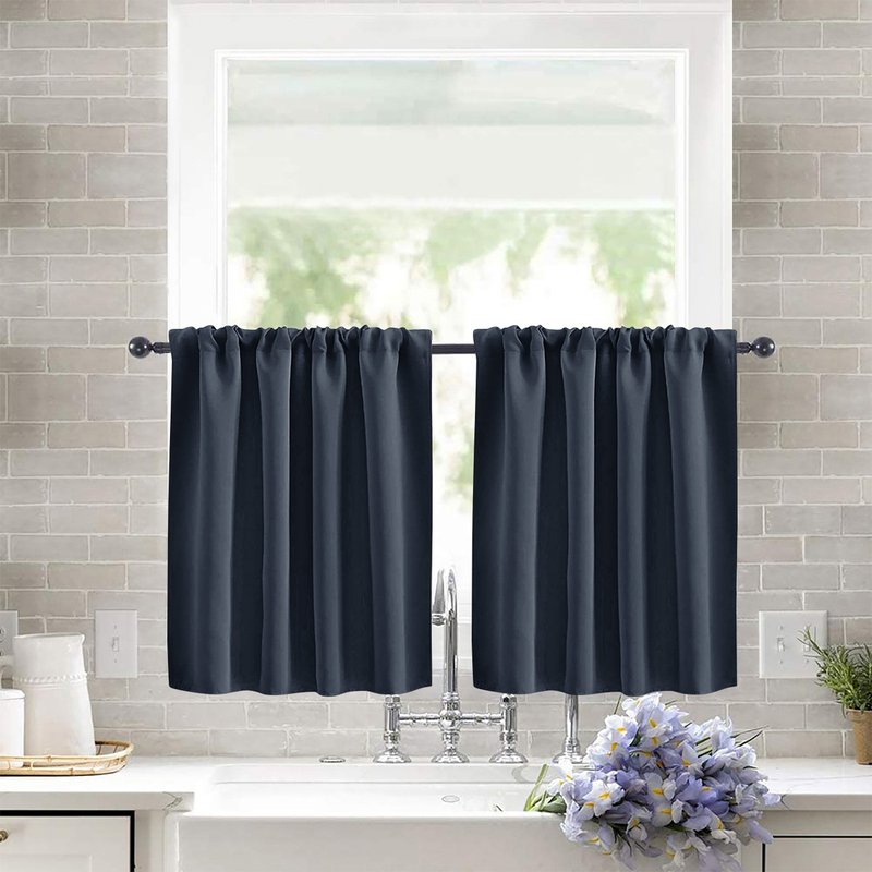2 Pack Blackout Kitchen Curtains Navy Blue, 106 x 91 cm