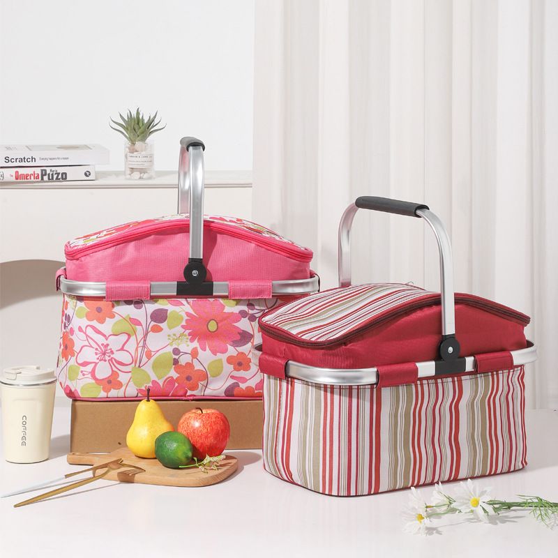 27L Foldable Insulated Picnic Basket Cooler Bag with Aluminum Handles, Green Striped Thermal Hamper