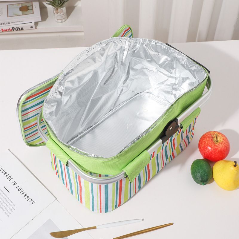 27L Foldable Insulated Picnic Basket Cooler Bag with Aluminum Handles, Green Striped Thermal Hamper