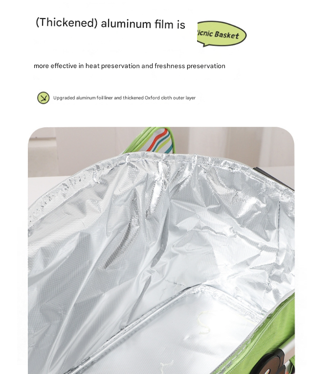 27L Foldable Insulated Picnic Basket Cooler Bag with Aluminum Handles, Green Striped Thermal Hamper
