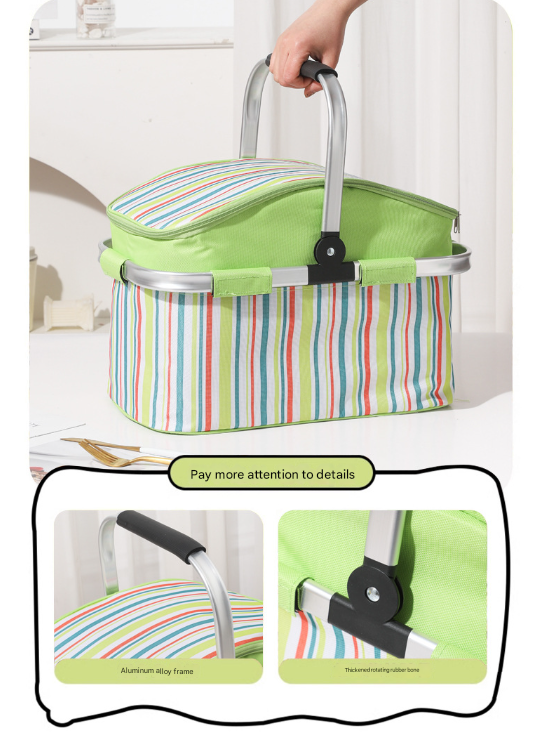 27L Foldable Insulated Picnic Basket Cooler Bag with Aluminum Handles, Green Striped Thermal Hamper