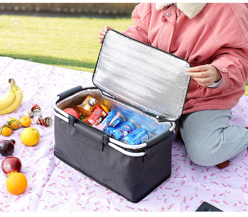 18L Insulated Picnic Basket with Aluminum Frame, Collapsible Cooler Bag, Yellow Plaid, 40 x 20 x 23 cm
