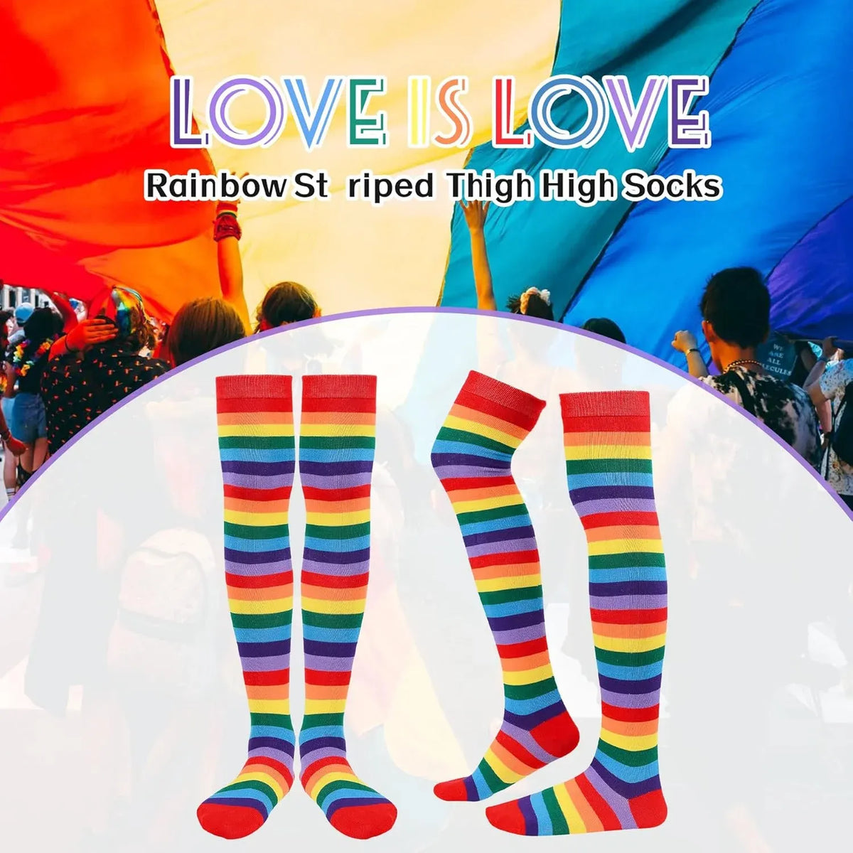 Plus Size Thigh High Socks, Rainbow Striped Over Knee Stockings for Cosplay Party, One Size