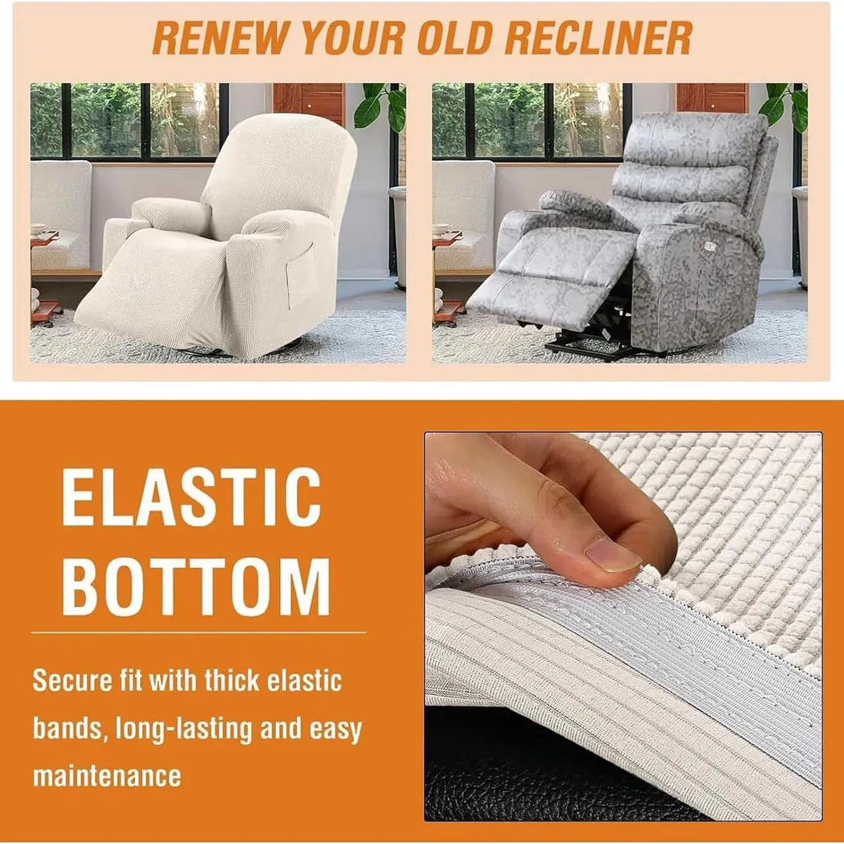 Power Lift Recliner Chair Cover, Stretch Jacquard Fitted Slipcover with Side Pocket, Cream