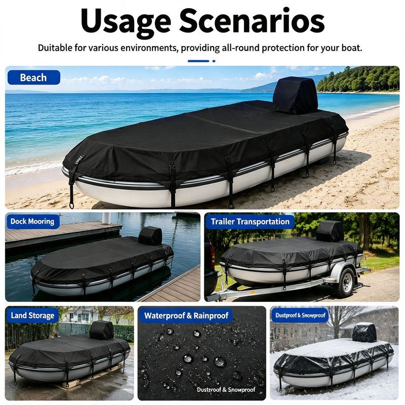 Trailerable 600D Oxford Pontoon Boat Cover, Comes with Separate Universal Outboard Motor Hood, Waterproof UV‑Resistant Boat Cover for Outdoor Storage & Mooring (29-32FT(1096*490cm))