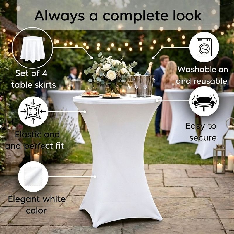 4-Pack White Stretch Cocktail Table Covers, Washable Fitted Spandex Covers for 80-85 x 110 cm High Tables