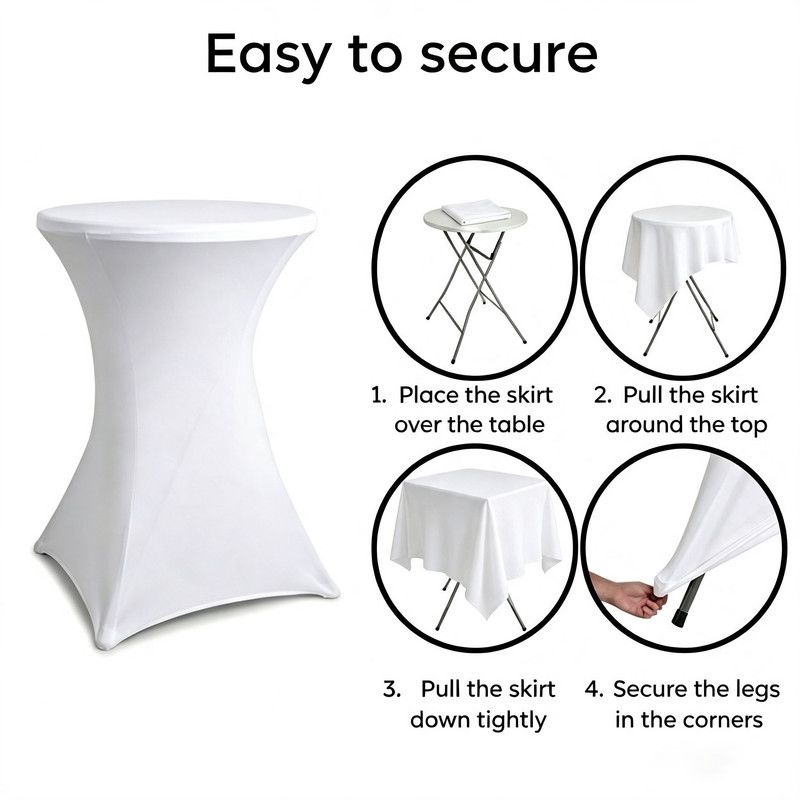 4-Pack White Stretch Cocktail Table Covers, Washable Fitted Spandex Covers for 80-85 x 110 cm High Tables