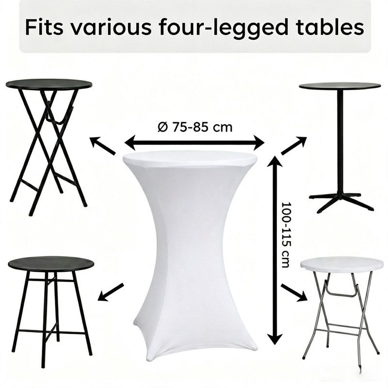 4-Pack White Stretch Cocktail Table Covers, Washable Fitted Spandex Covers for 80-85 x 110 cm High Tables