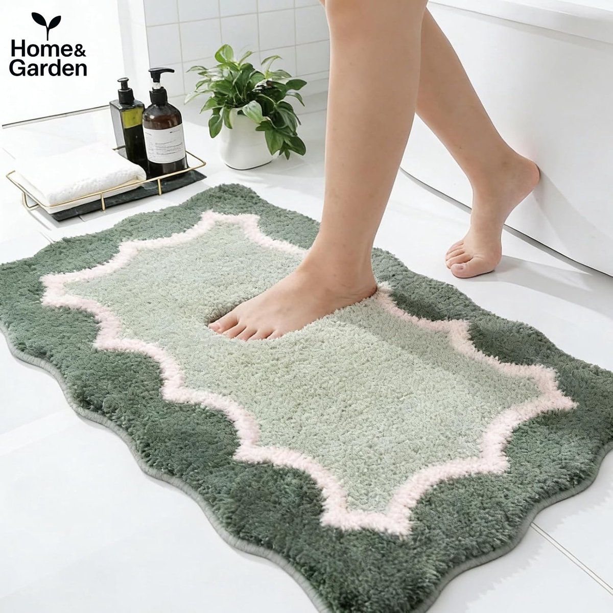 Green Plush Bath Mat with Non-Slip TPR Backing, Soft Absorbent Quick-Dry Bathroom Rug, 80 x 50 cm
