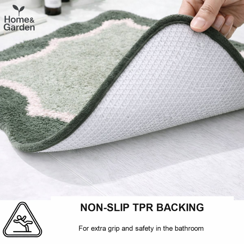 Green Plush Bath Mat with Non-Slip TPR Backing, Soft Absorbent Quick-Dry Bathroom Rug, 80 x 50 cm