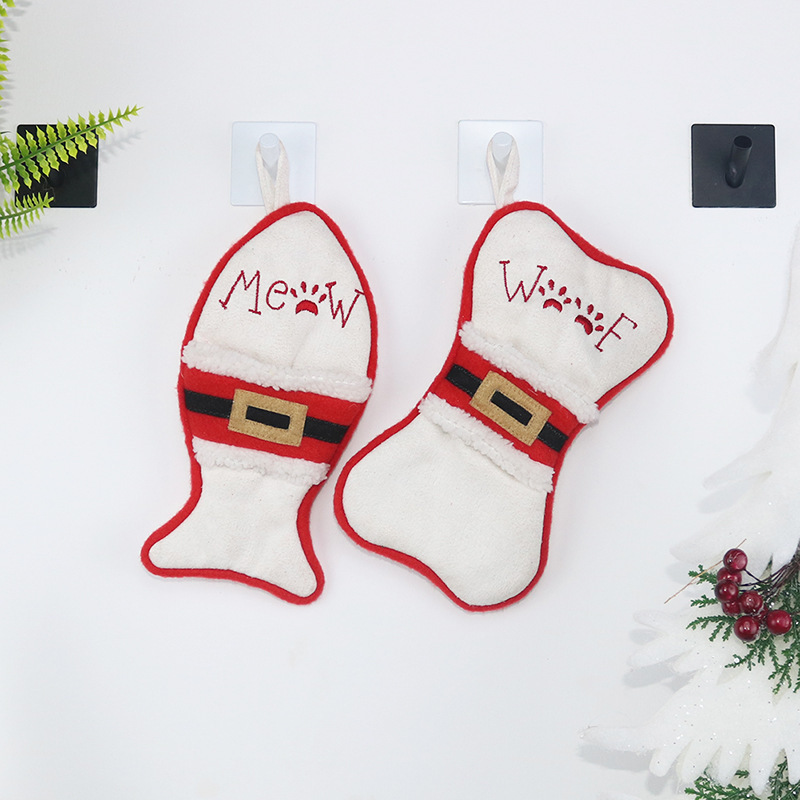 Christmas Stocking Ornaments, Fish & Bone Shaped Xmas Gift Sacks, Meow Woof Embroidery Mini Christmas Stockings, White/Burlap 2 Sets Available（White）