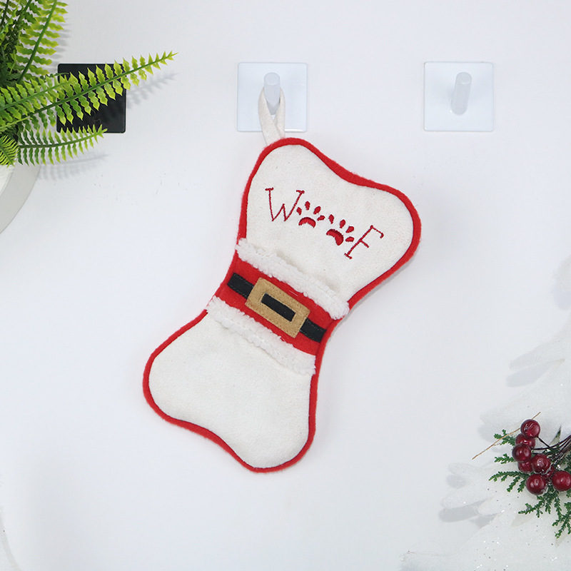 Christmas Stocking Ornaments, Fish & Bone Shaped Xmas Gift Sacks, Meow Woof Embroidery Mini Christmas Stockings, White/Burlap 2 Sets Available（White）